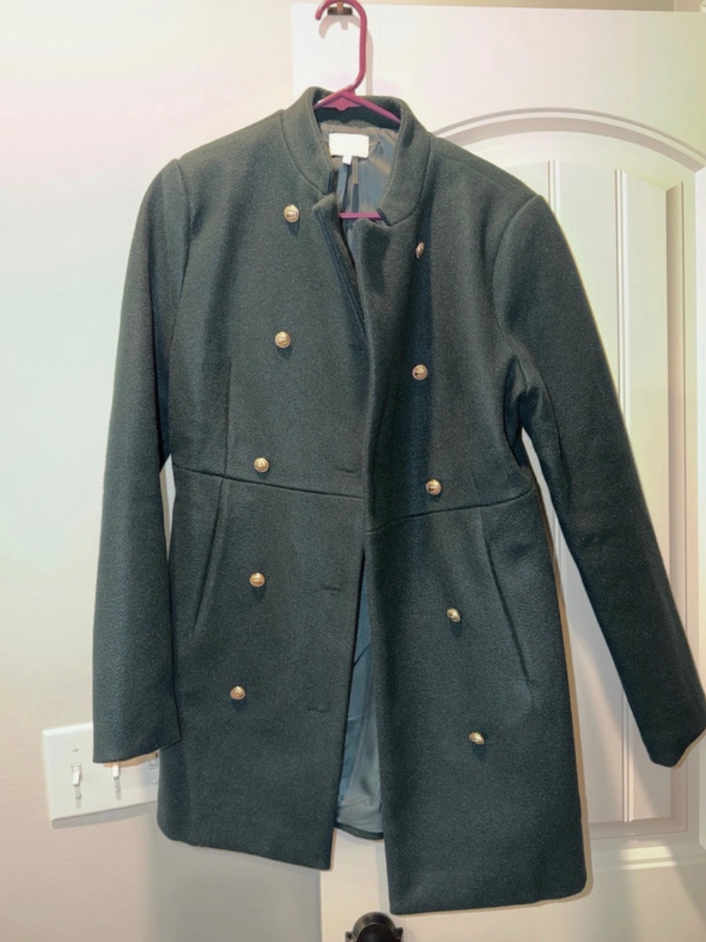entro Dark Green Double-Breasted Pea Coat with Gold Buttons